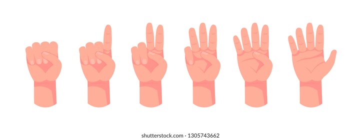 Hand count. Flat finger and number isolated on white background. Vector set of nonverbal sign - fist, victory, pointing up. One, two, three, four, five hand character.