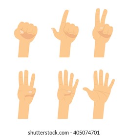 Hand count.  Flat finger and number isolated on white background. Vector set of nonverbal sign - fist, victory, pointing up. One, two, three, four, five hand character.