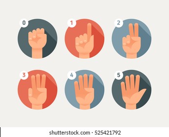 Hand count. Flat finger and number. One, two, three, four, five.
