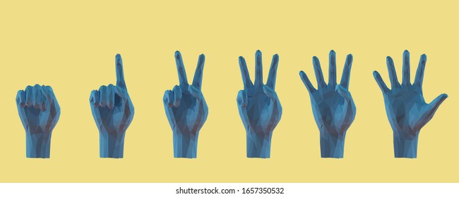 Hand Count. Set of Blue Counting Hands on Yellow Background. Low Poly Vector 3D Rendering