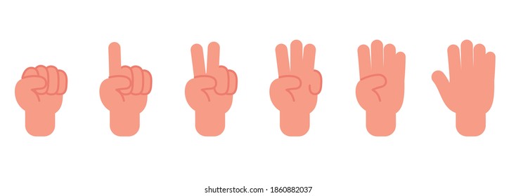 Cuenta de mano. Vector conjunto de señas no verbales - puño, victoria, apuntando hacia arriba. Uno, dos, tres, cuatro, cinco caracteres de mano. Ilustración vectorial de estilo plano aislada en fondo blanco.