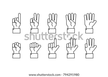 Hand with counting fingers vector line symbols. Human hand and finger gesture symbol illustartion
