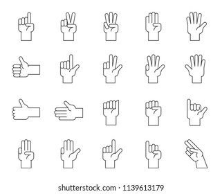 Hand counting and hand gesture icon such as like, love, fist, thin line