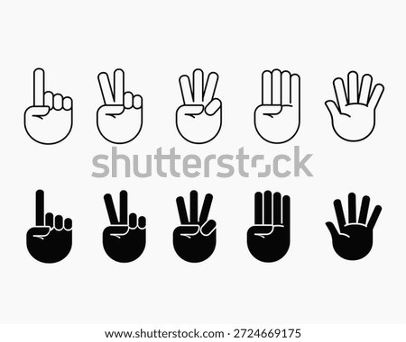 Hand Counting Gestures from One to Five Icons Set In Outline and silhouette Style Stroke Editable Vector Illustration