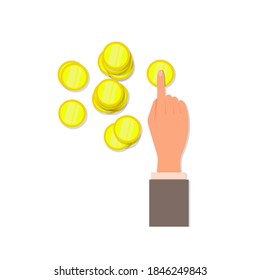 The hand counts the coins by moving them with the finger. Concept: accountant, economist, profession related to the account of money, banker. Vector illustration, flat cartoon color design, isolated.