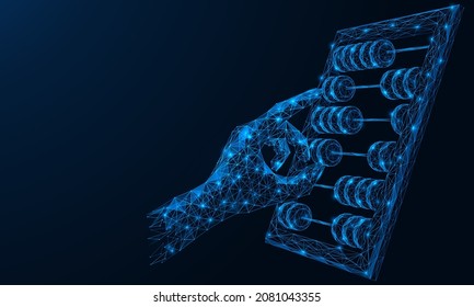 The hand counts on the abacus. Polygonal design of interconnected lines and points. Blue background.