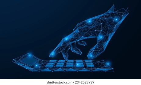 Hand counts on the calculator. Polygonal design of lines and dots. Blue background.