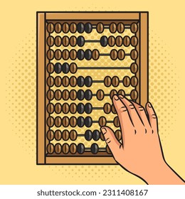 Hand counts on wooden abacus pinup pop art retro vector illustration. Comic book style imitation.