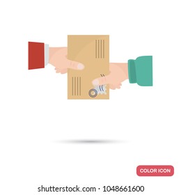 The hand of the courier gives the recipient a letter color flat icon