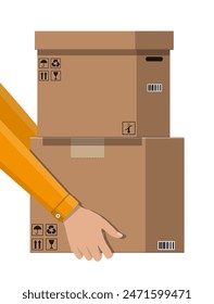 Hand of courier with postal cardboard box. Carton delivery packaging closed box with fragile signs. Vector illustration in flat style