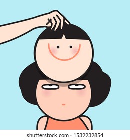 Someone’s Hand Covering Grumpy Girl Face With Happy Smiling Mask Concept Card Character illustration