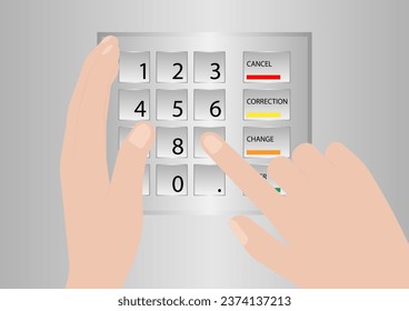 Hand Covering while Typing PIN code or Password on ATM Keypad to Withdraw Money from ATM- Automated Teller Machine. Safety and Security Banking Concept.