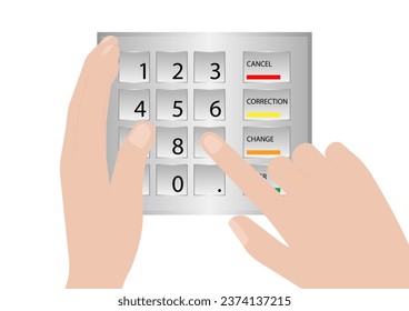 Cubierta manual mientras se escribe código PIN o contraseña en teclado ATM para retirar dinero de cajero automático. Concepto de Banca de Seguridad.