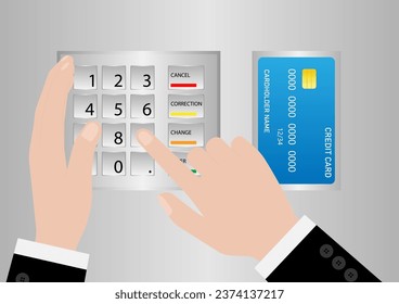 Hand Covering while Typing PIN code or Password on ATM Keypad to Withdraw Money from ATM- Automated Teller Machine. Safety and Security Banking Concept.