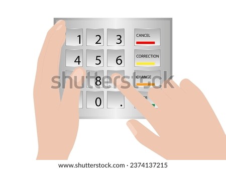 Hand Covering while Typing PIN code or Password on ATM Keypad to Withdraw Money from ATM- Automated Teller Machine. Safety and Security Banking Concept.