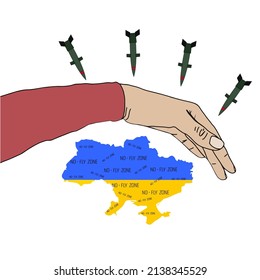 The hand covers Ukraine from missiles. Inscription no fly zone