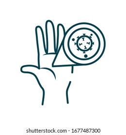 hand and covid 19 virus symbol icon over white background, line style, vector illustration