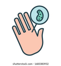 hand with covid19 virus particle fill style vector illustration design