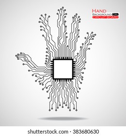 Hand. Cpu. Circuit board. Vector illustration. Eps 10