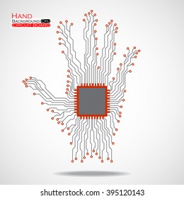 Hand. Cpu. Circuit board. Vector illustration. Eps 10