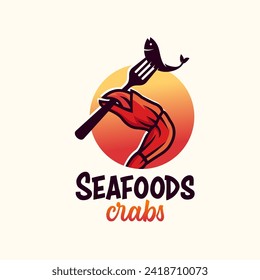 Handkrabben mit Gabel und Fisch-Logo für Unternehmen, Meeresfrüchte-Krebse Logo-Design Vektorgrafik
