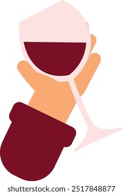 Una mano acuna vino tinto carmesí en un estilo de dibujos animados. Fiestas del vino y celebración. Un evento significativo, levantar un brindis en honor a un feriado o una persona. Un anuncio de una comida deliciosa