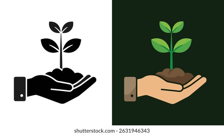 A hand cradles a small plant with leaves, symbolizing growth and environmental consciousness. The image is a flat design.