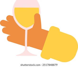 A hand cradles white wine in a cartoon style. Wine festivals and celebration. A significant event, raising a toast in honor of a holiday or a person