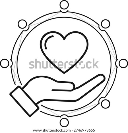 A hand cradling a heart within a circle adorned with geometric shapes