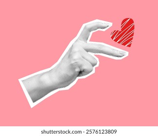 Hand cradling small red heart halftone collage vector illustration. Representing love affection and passion feelings on pink background