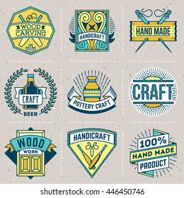 Hand Craft Color Insignias Logotypes Template Set. Line Art Vector Elements.