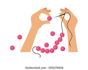 Hand craft. Woman doing beads, hand made workshop. Kids training for girls, needle work vector concept