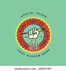 Hand Crafted Abstract Retro Vector Logo Template. Fist with Needle Symbol, Thread and Vintage Typography. Yellow and Red Colors on Light Green Background.