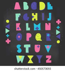 Hand crafted alphabet. Geometric shapes, bright colors, hipster style lettering. birthday, wedding, isolated, web template