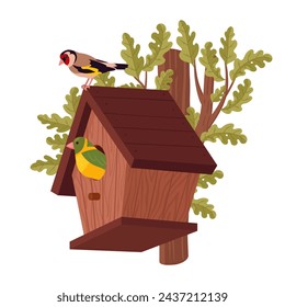 Hand crafted bird house. Wooden bird house on oak tree, cute cartoon birds nest with feeder flat vector illustration. Nesting bird house on white