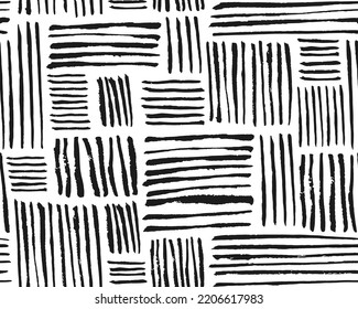 Hand crafted Black and white ethnic, geometric seamless pattern. Vector scandinavian background with brush ink strokes. Simple pattern. Perfect for fabric, wrapping paper, textile, home decor