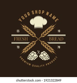Hand crafted bread badge, logo. Vector. Typography design with dough, hop and chef hat silhouette. Template for restaurant identity objects, packaging and menu