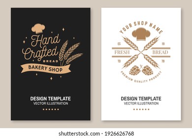 Hand crafted bread flyer, brochure, banner, poster. Vector. Typography design with dough, hop and chef hat silhouette. Template for bakery, restaurant identity objects, packaging and menu