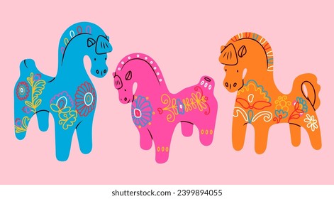 Hand crafted bright clay Horses. Cartoon style. Colorful outline folk ornaments. Hand drawn trendy Vector illustration. Isolated design elements. Cute toy or souvenir
