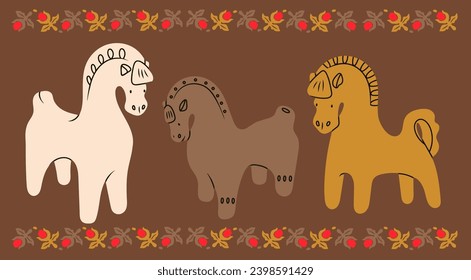 Hand crafted clay Horses. Cartoon style. Different colors. Colorful folk ornaments. Hand drawn trendy Vector illustration. Isolated design elements. Cute toy or souvenir