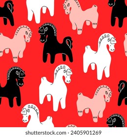 Hand crafted clay Horses. Cartoon style. Different colors. Hand drawn trendy Vector illustration. Cute toy or souvenir. Square seamless Pattern. Background, wallpaper, wrapping paper template