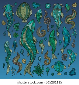 Hand crafted collection of marine fishes and creatures. Vector illustration art.