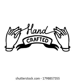 Hand crafted icon or logo. Vintage stamp icon with a handcrafted inscription on ribbon and hands. Vintage vector illustration for banner and label design