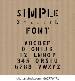Hand Crafted Modern Font Lettering Named Simple Stencil - Black Caps and Numerals on Brown Cardboard Background - Vector Typography Design