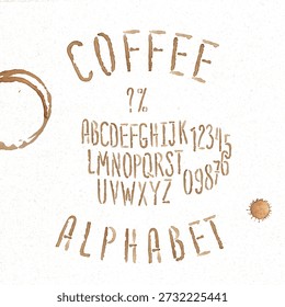 Hand Crafted Narrow Stencil Style Font Lettering Named Coffee Alphabet - Brown Coffee Stains or Traces Style Grotesque Caps and Numerals on White Background - Vector Typography Graphic Design