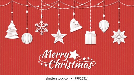 Hand crafted paper Christmas decorations on red background, holiday and celebration banner