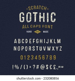 Hand crafted retro font alphabet 'scratch gothic' with warm of the human hand, irregular texture and vintage feeling. Set of caps letters.