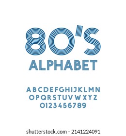 Hand Crafted Sans Serif Style Font Lettering Named Eighties - Blue Five Stripes Retro Pop Style Grotesque Caps and Numerals on White Background - Vector Typography Graphic Design