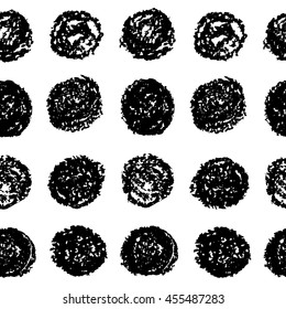 Hand crafted seamless patterns with textured circles. Hand drawn isolated objects charcoal, dust grain, scratches, used for print design, textile, etc