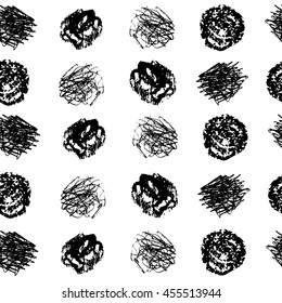 Hand crafted seamless patterns with textured circles. Hand drawn isolated objects charcoal, dust grain, scratches, used for print design, textile, etc